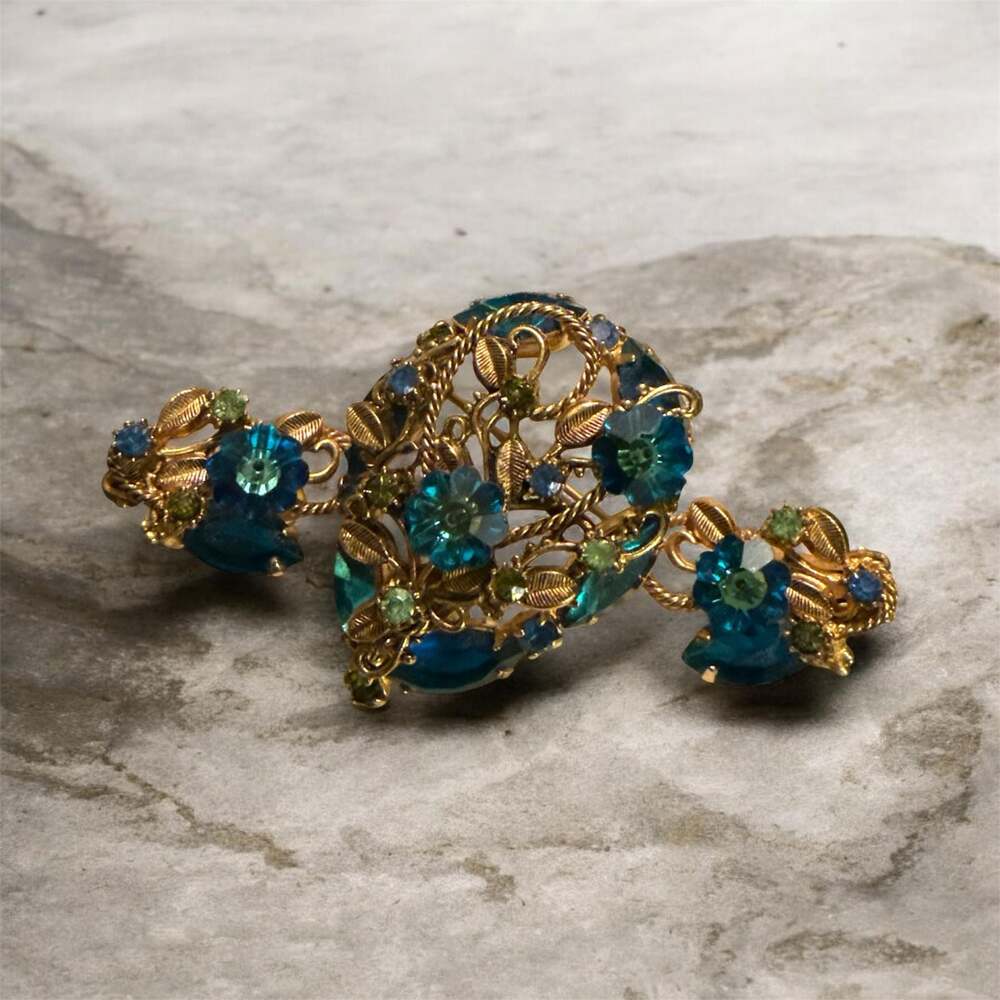 Vintage Juliana  Blue and Green Rhinestone Brooch and Clip-On Earring Set